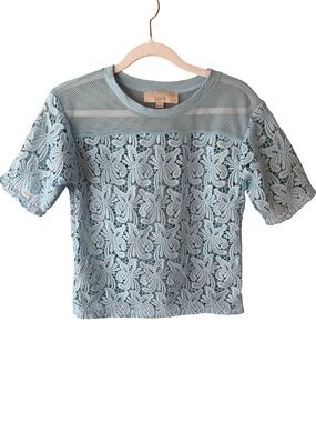 LOFT Pale Blue Lace & Mesh Short Sleeve Blouse Size XXSP Cottagecore Feminine
